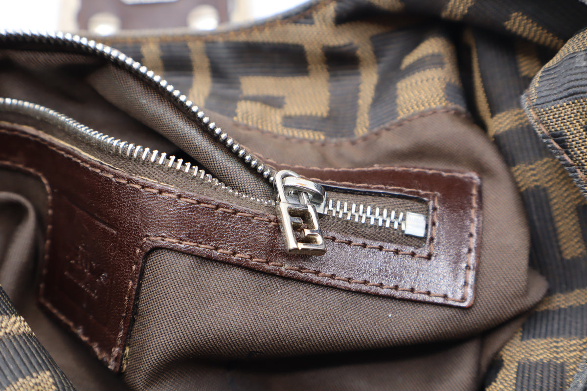 Fendi Brown Zucca Canvas Leather Flap Baguette Shoulder Bag