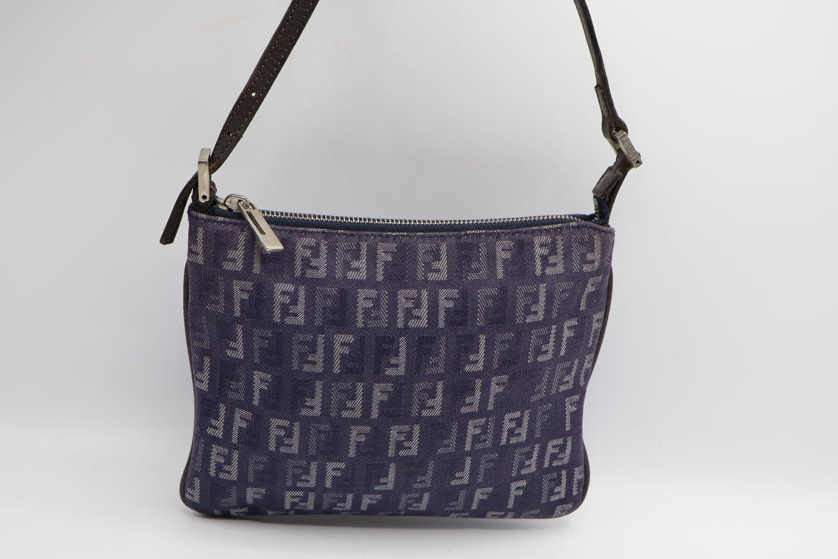 Fendi Blue Zucca Denim Canvas Leather Shoulder Bag