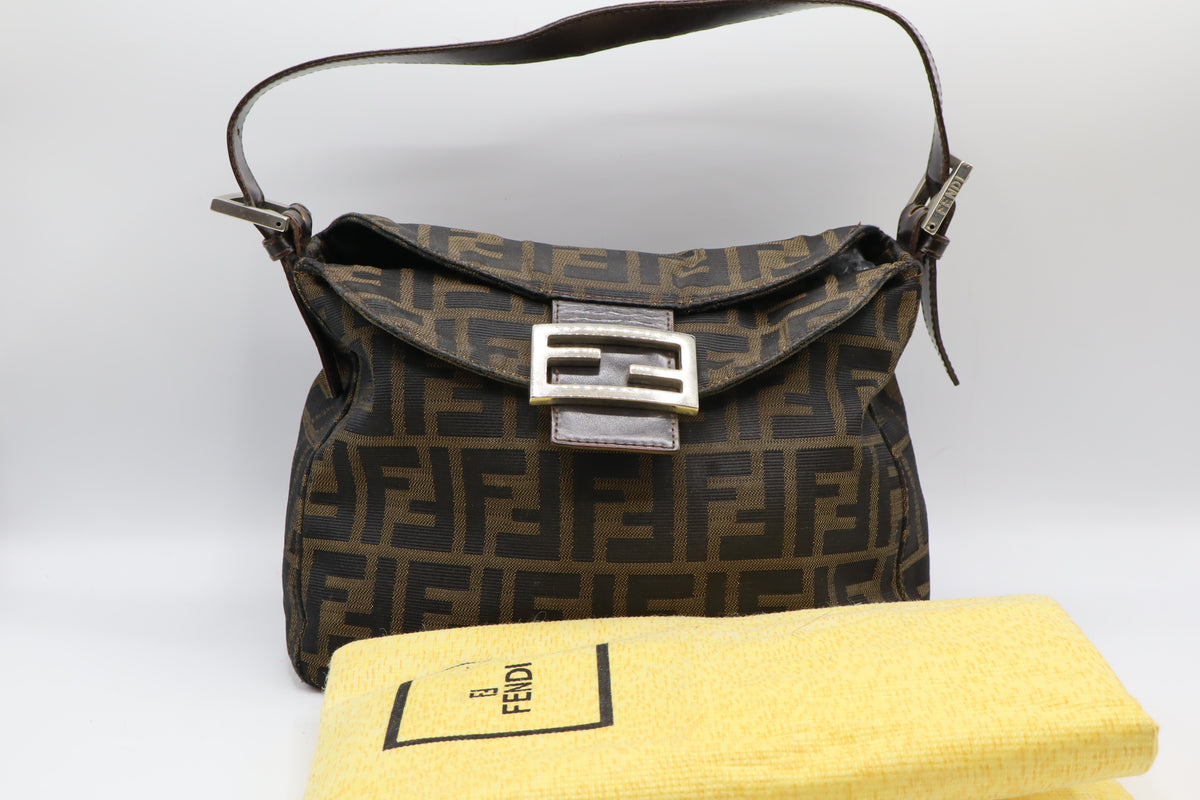 Fendi Brown Zucca Monogram Canvas Double Flap Baguette Bag