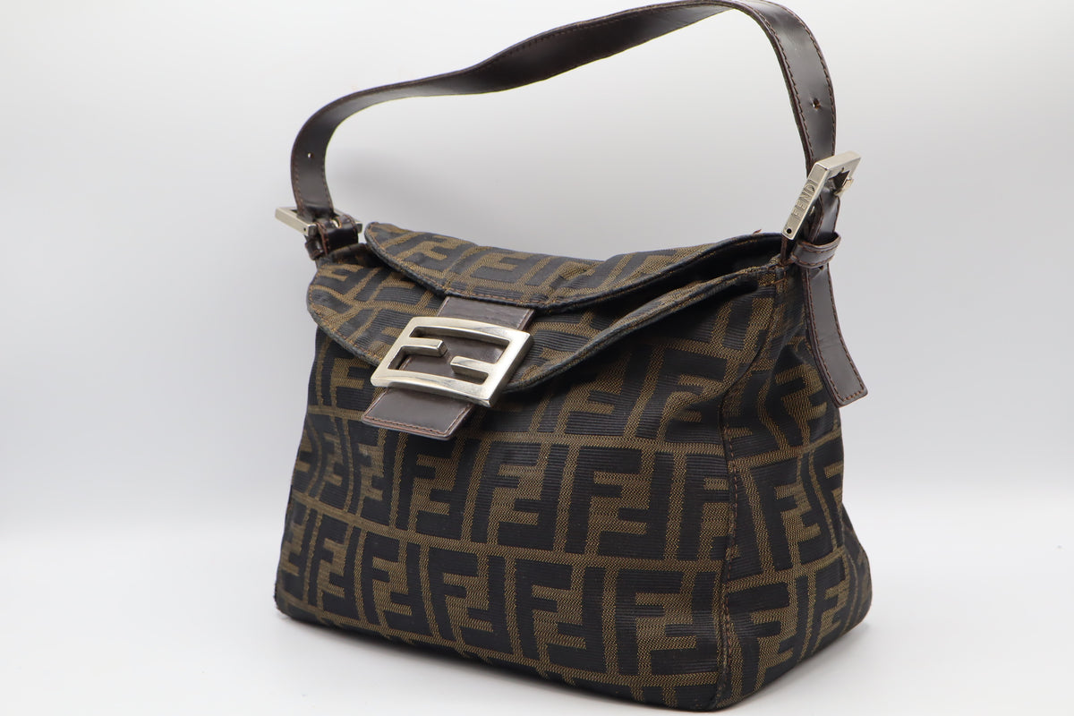 Fendi Brown Zucca Monogram Canvas Double Flap Baguette Bag