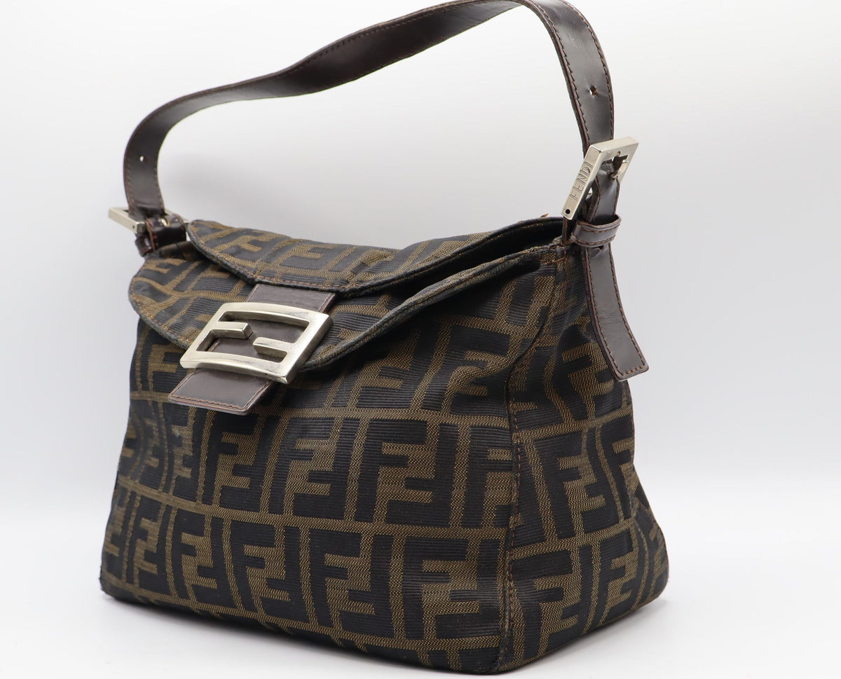 Fendi Brown Zucca Monogram Canvas Double Flap Baguette Bag