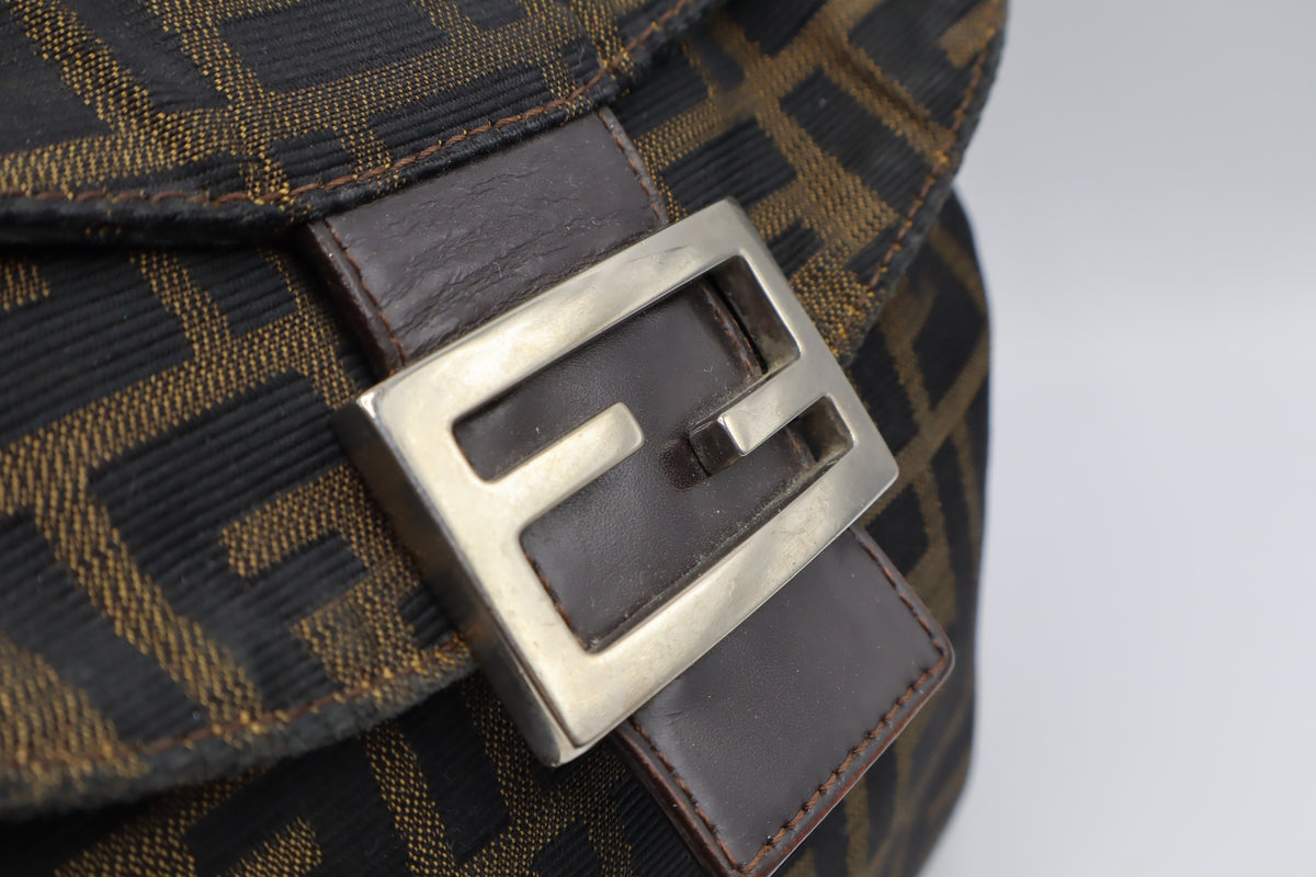 Fendi Brown Zucca Monogram Canvas Double Flap Baguette Bag