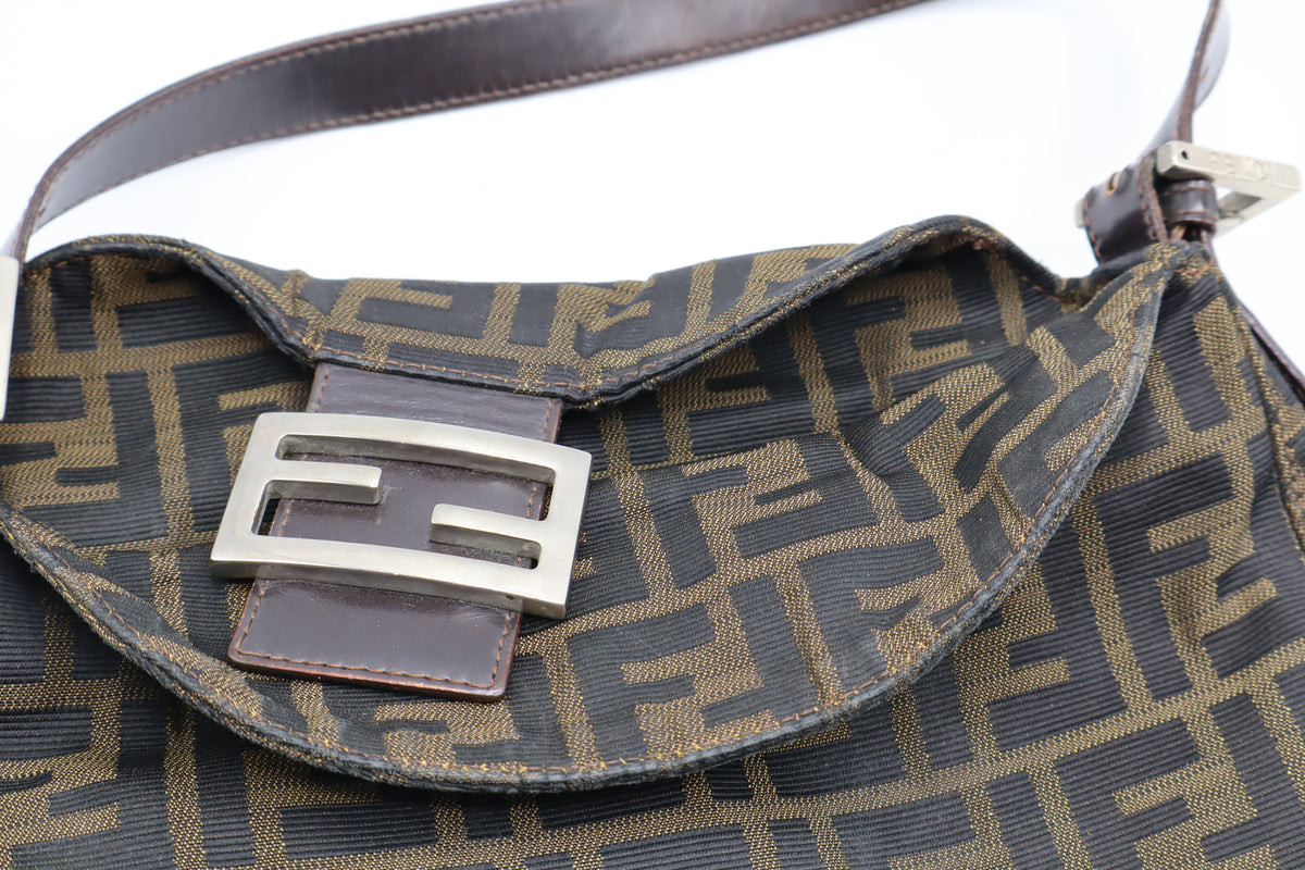 Fendi Brown Zucca Monogram Canvas Double Flap Baguette Bag