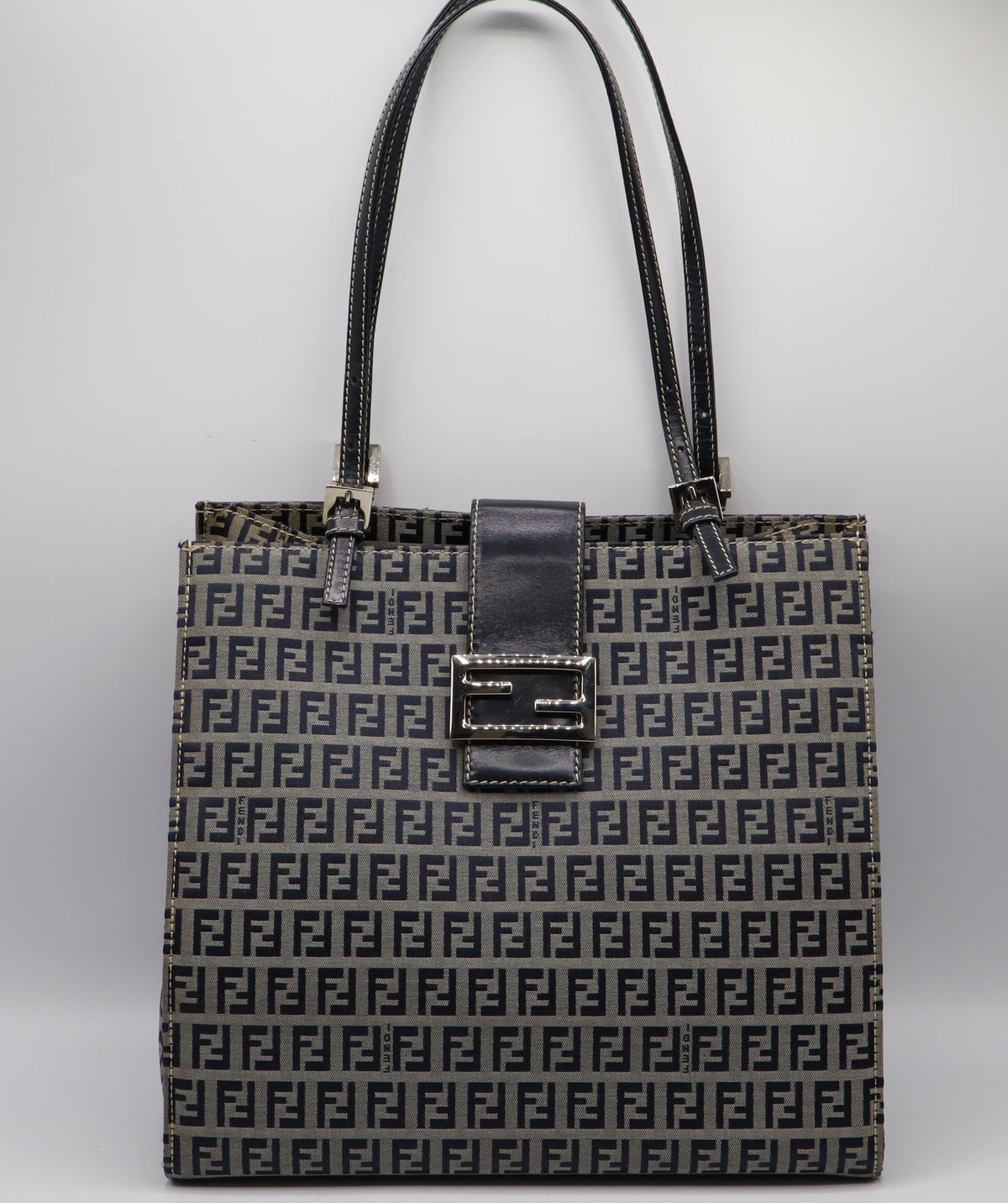 Fendi Navy Zucchino Zucca Canvas Leather Large Tote Bag