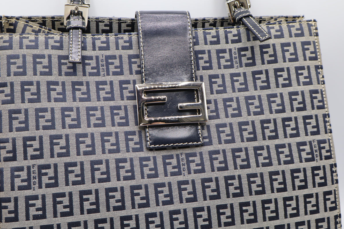 Fendi Navy Zucchino Zucca Canvas Leather Large Tote Bag