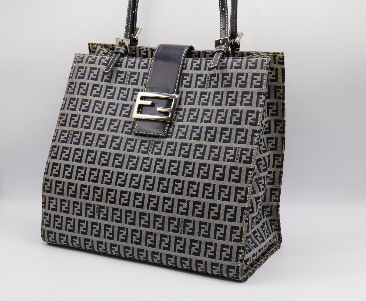 Fendi Navy Zucchino Zucca Canvas Leather Large Tote Bag