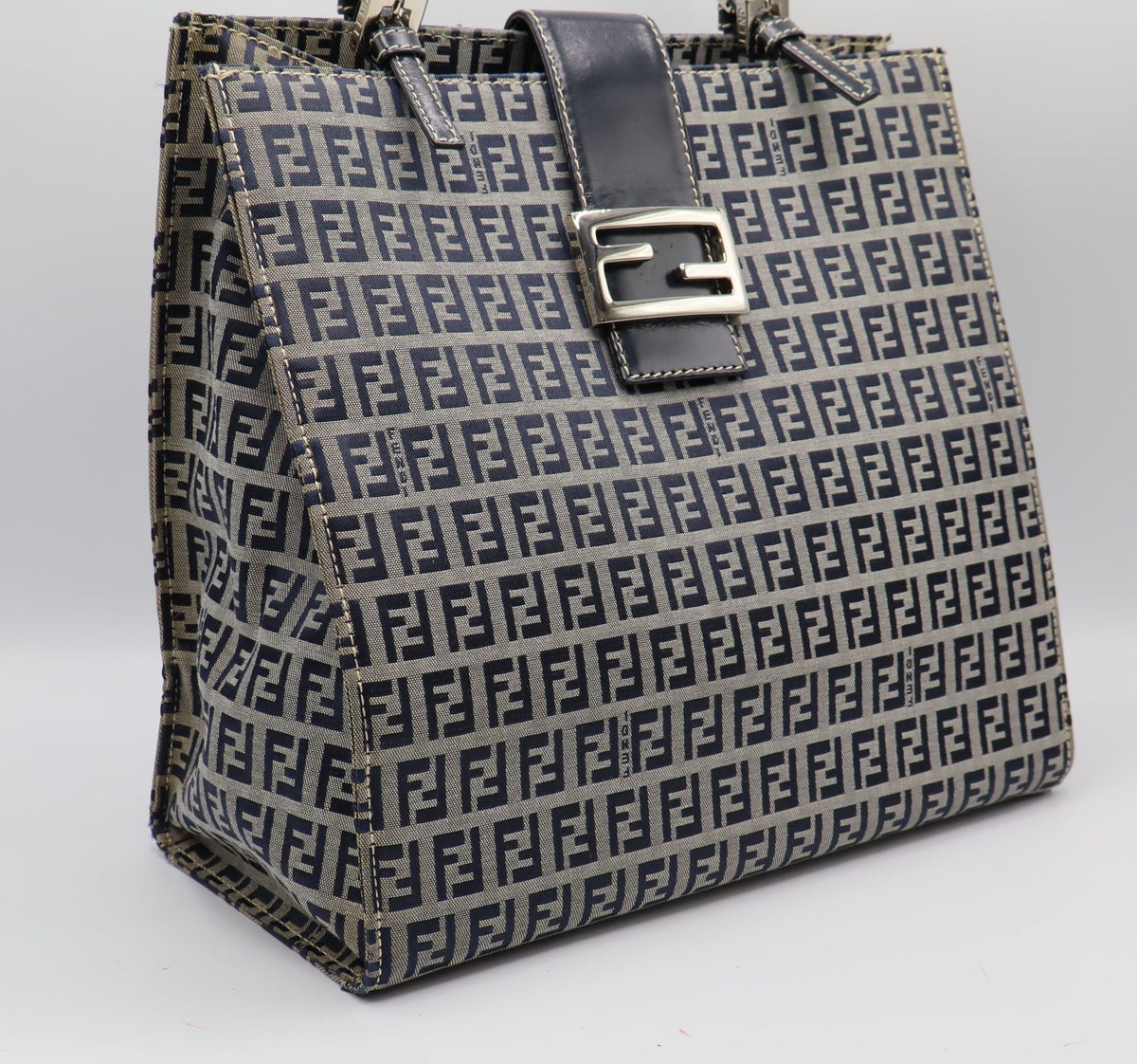 Fendi Navy Zucchino Zucca Canvas Leather Large Tote Bag