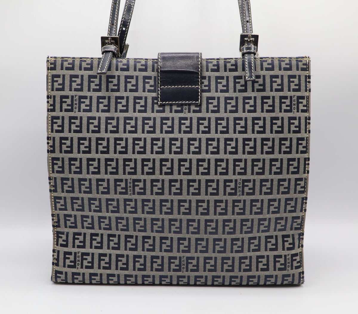 Fendi Navy Zucchino Zucca Canvas Leather Large Tote Bag