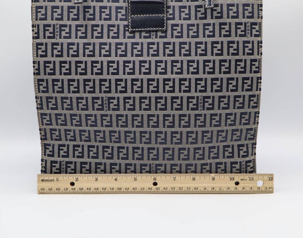 Fendi Navy Zucchino Zucca Canvas Leather Large Tote Bag