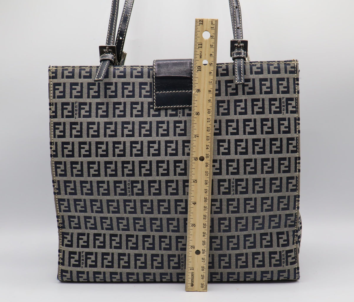 Fendi Navy Zucchino Zucca Canvas Leather Large Tote Bag