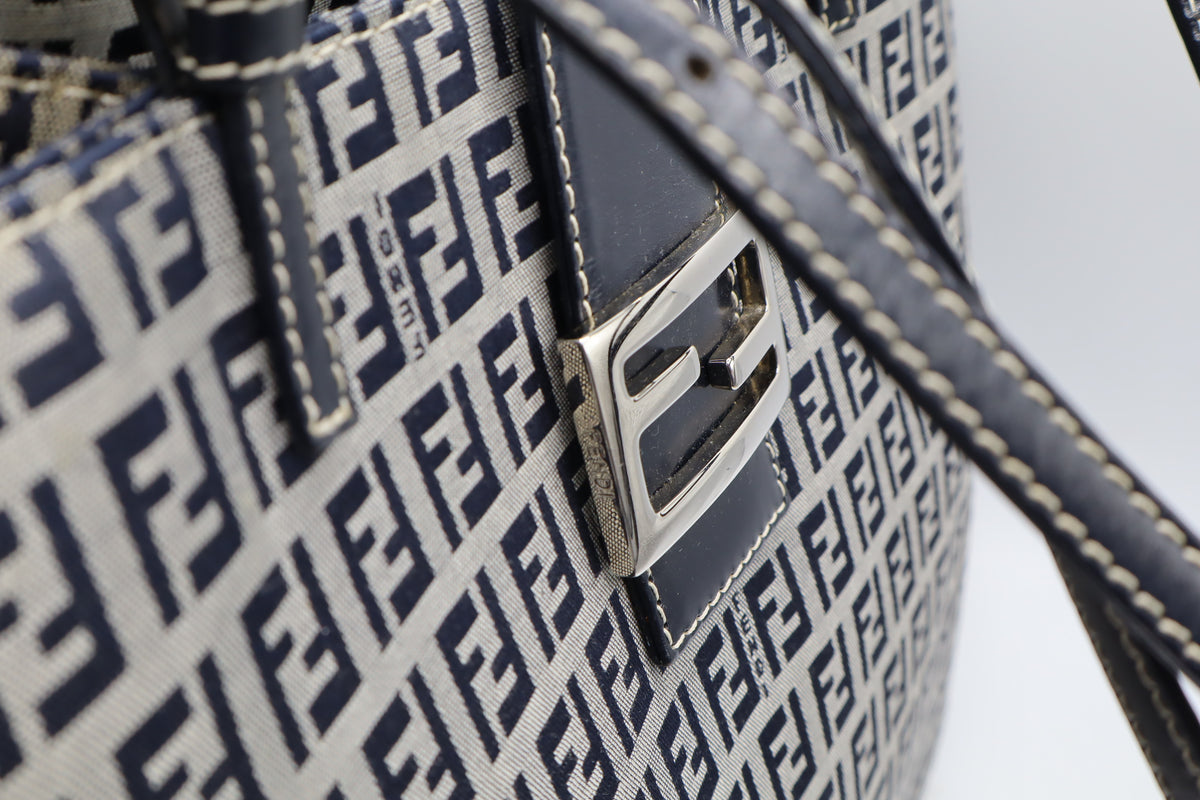 Fendi Navy Zucchino Zucca Canvas Leather Large Tote Bag