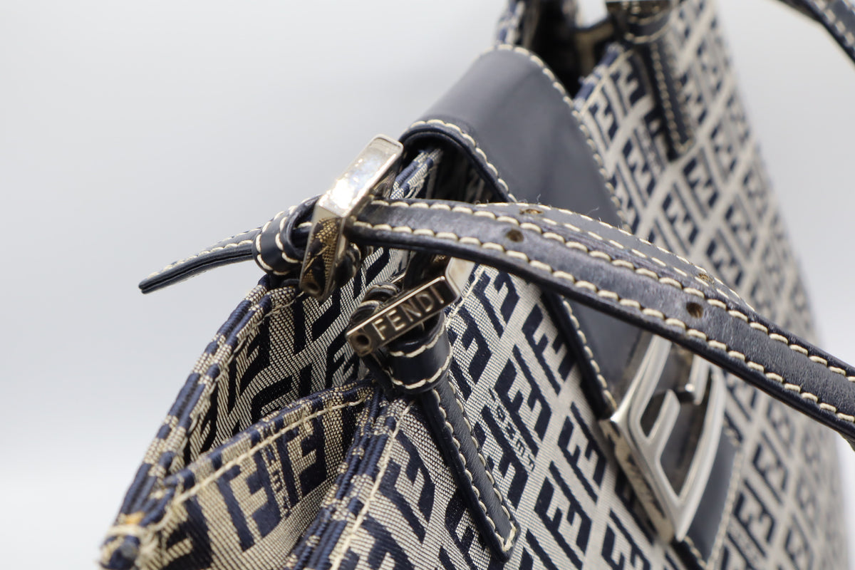 Fendi Navy Zucchino Zucca Canvas Leather Large Tote Bag