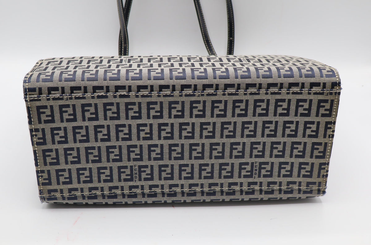 Fendi Navy Zucchino Zucca Canvas Leather Large Tote Bag