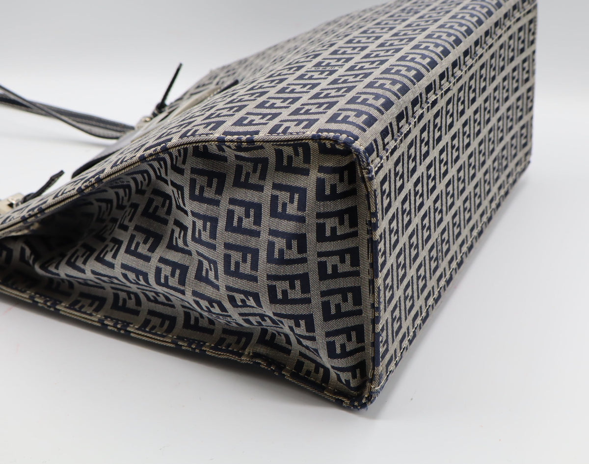 Fendi Navy Zucchino Zucca Canvas Leather Large Tote Bag