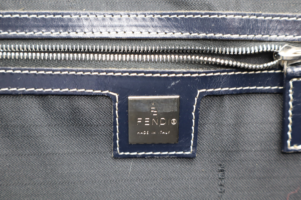 Fendi Navy Zucchino Zucca Canvas Leather Large Tote Bag