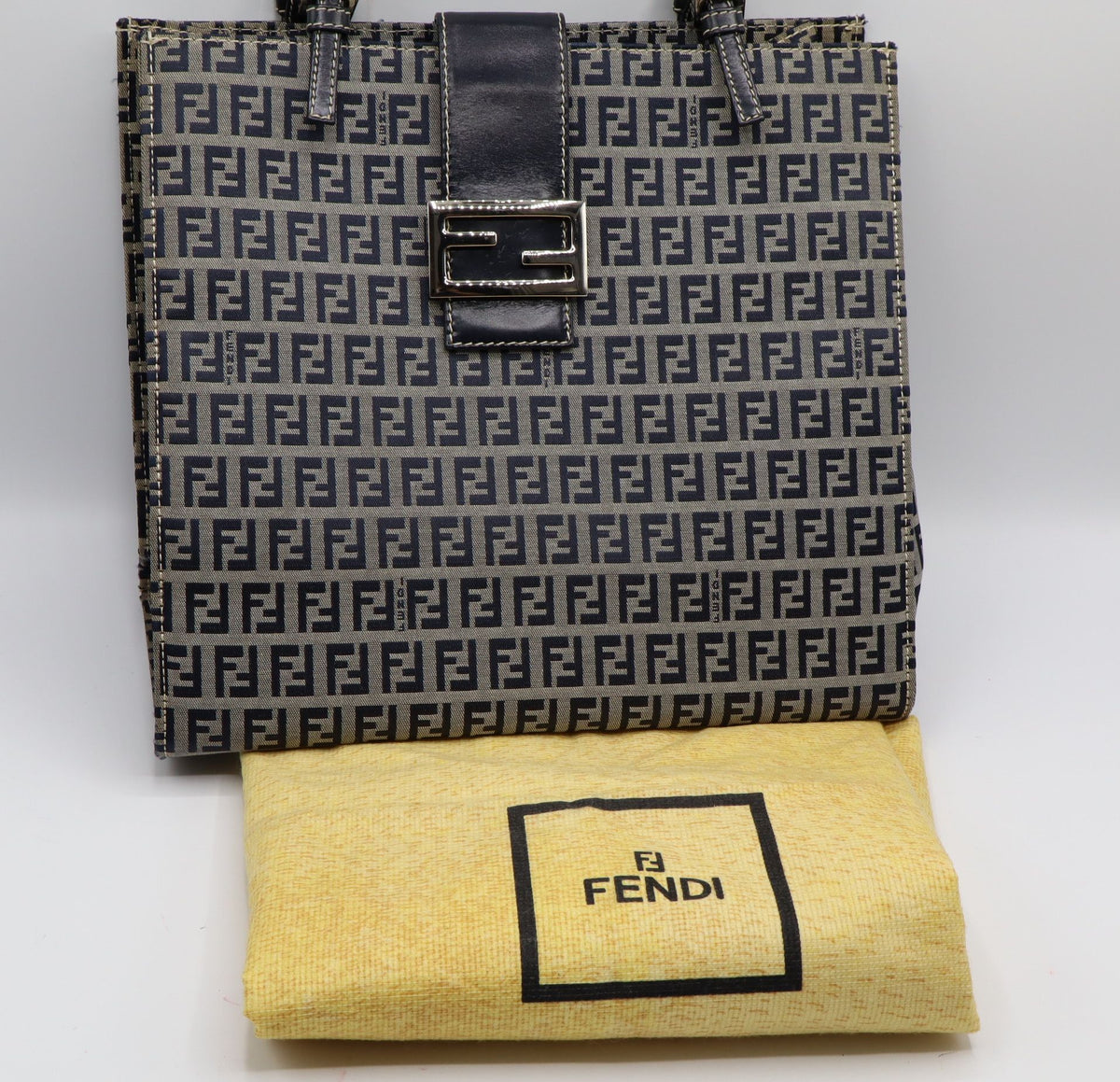 Fendi Navy Zucchino Zucca Canvas Leather Large Tote Bag
