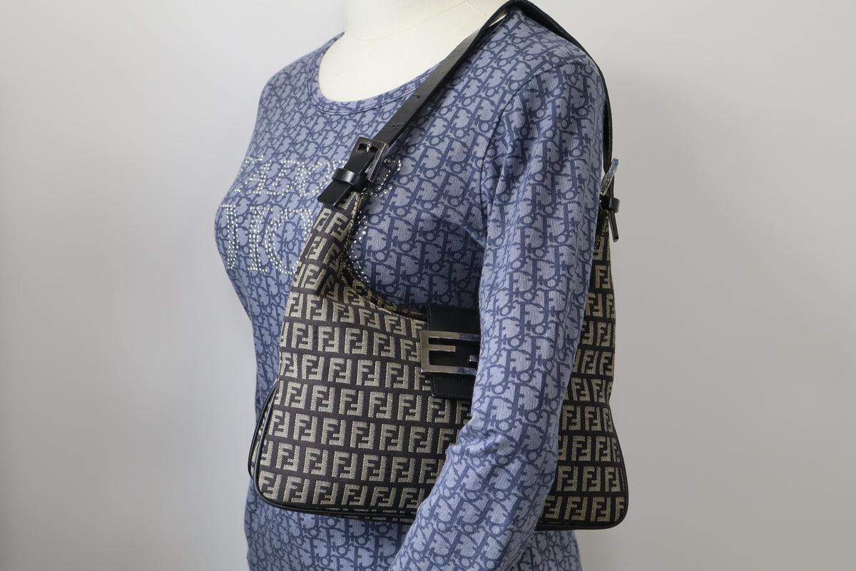 Fendi Brown Zucchino Zucca Double Compartment Baguette Bag