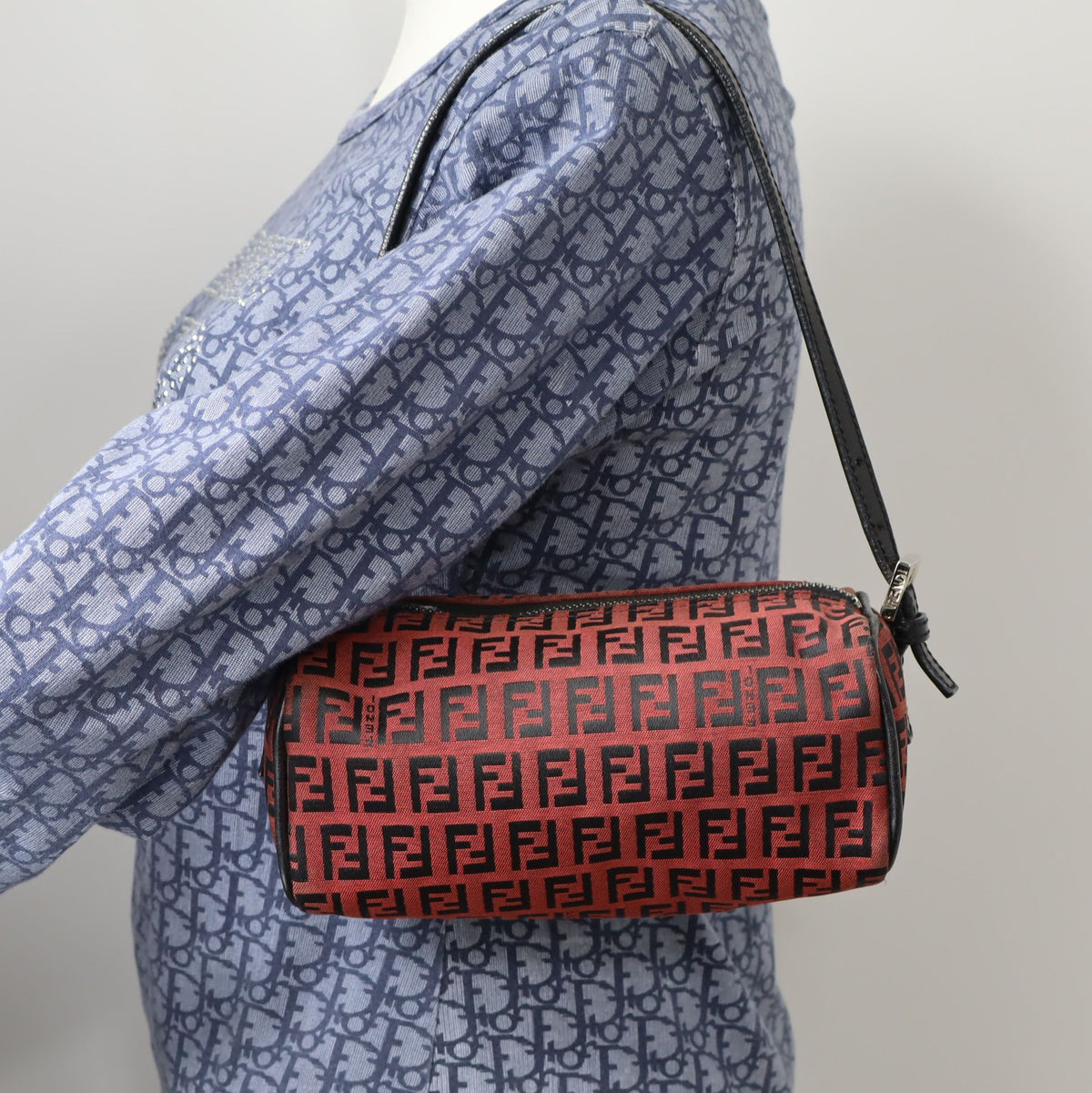 Fendi Red Black Zucca Canvas Barrel Shoulder Bag