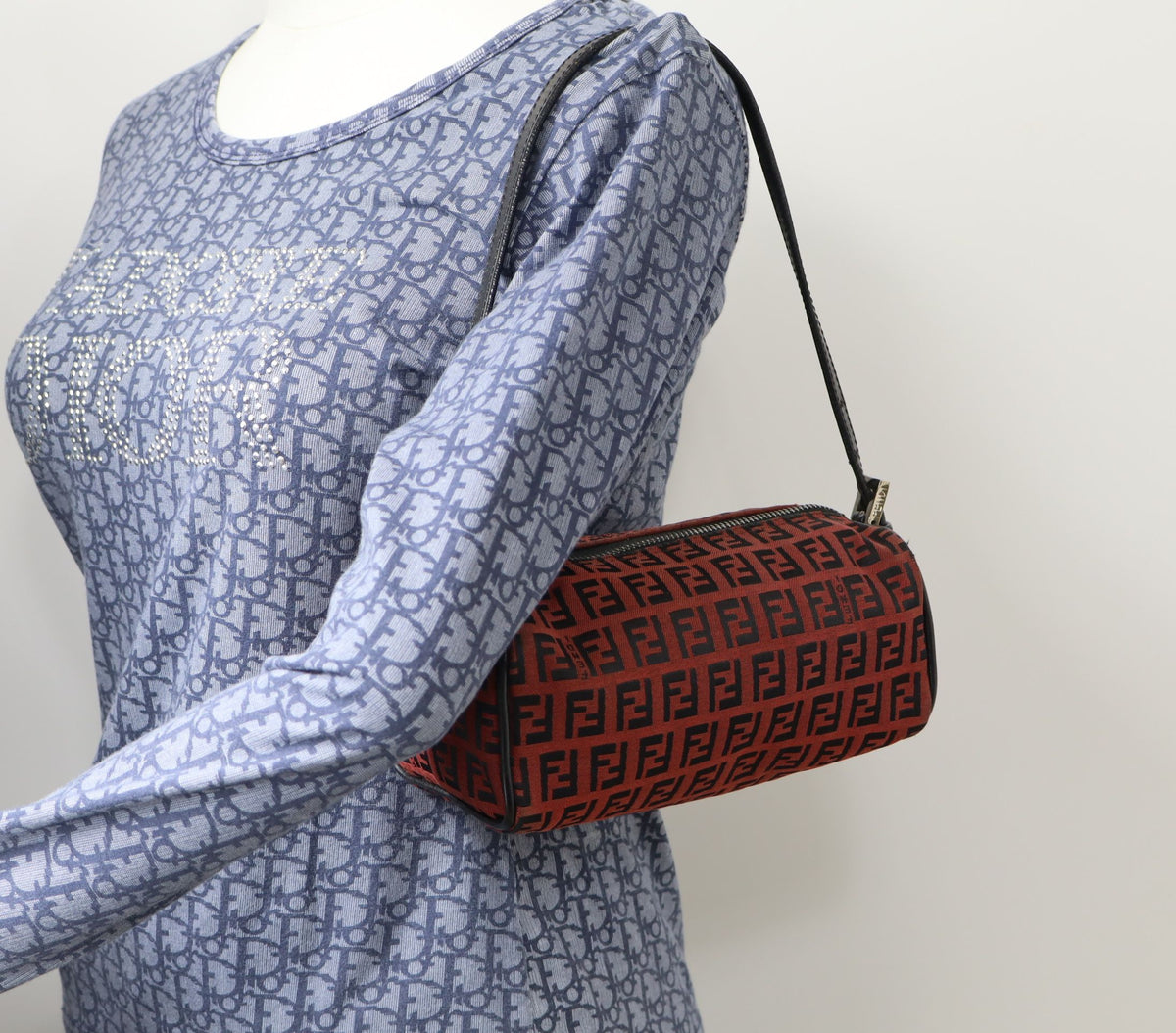 Fendi Red Black Zucca Canvas Barrel Shoulder Bag