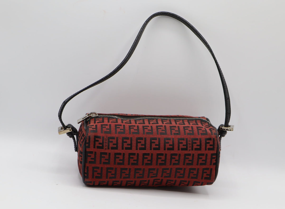 Fendi Red Black Zucca Canvas Barrel Shoulder Bag