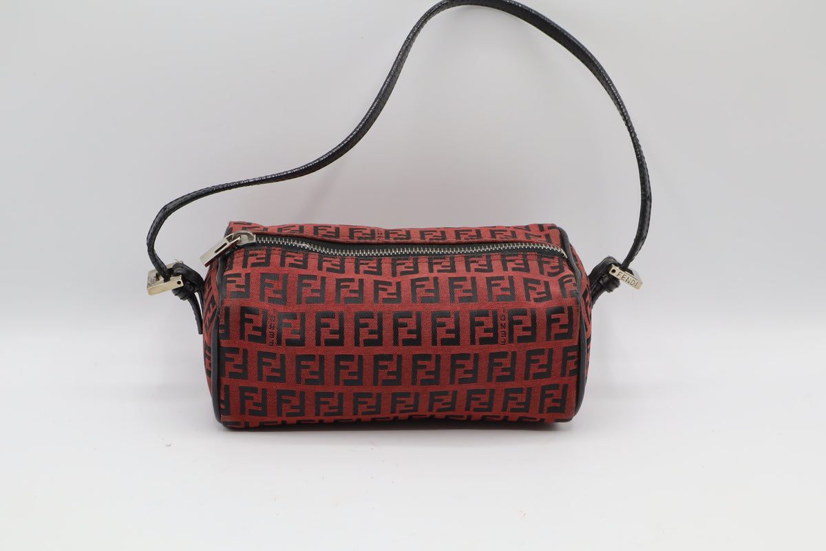 Fendi Red Black Zucca Canvas Barrel Shoulder Bag
