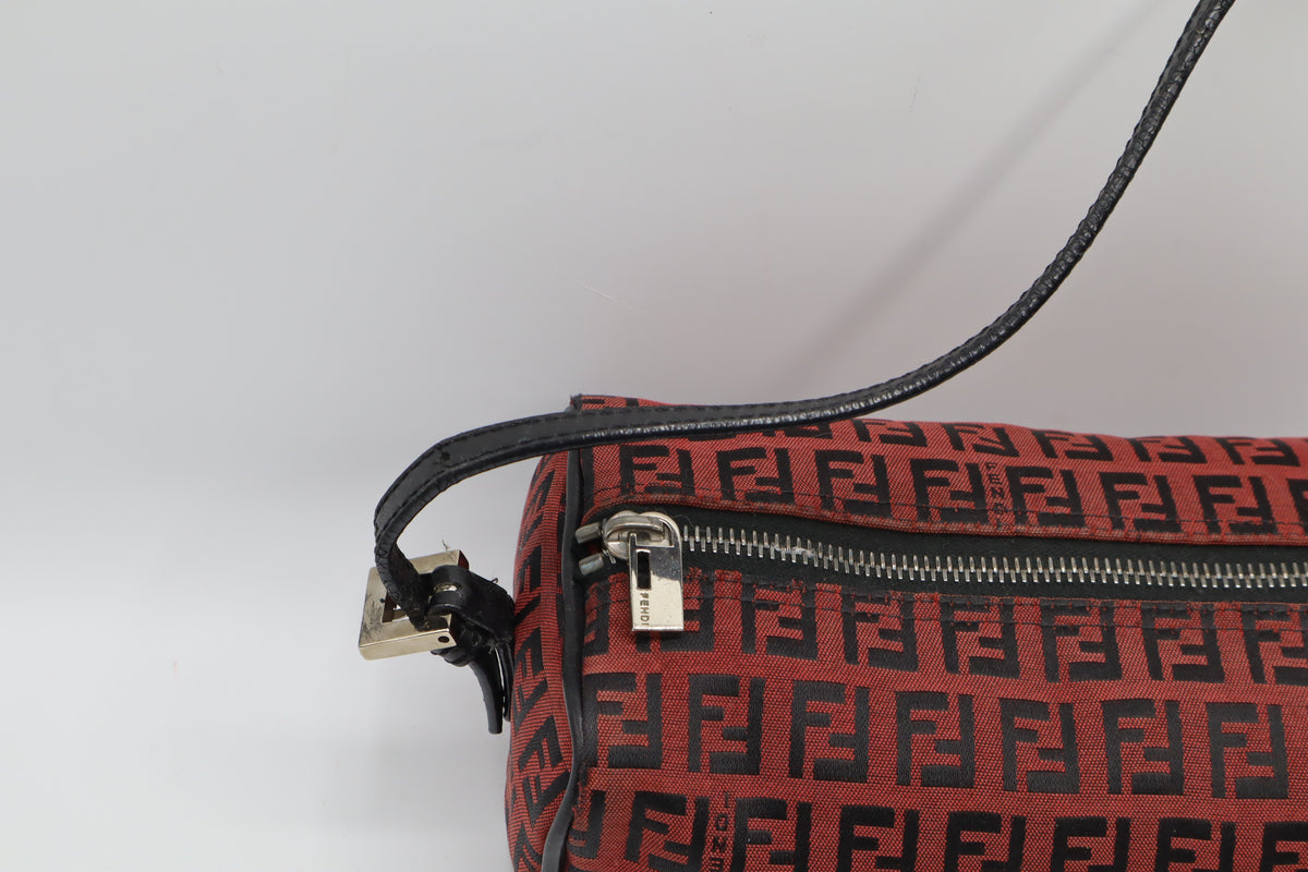Fendi Red Black Zucca Canvas Barrel Shoulder Bag