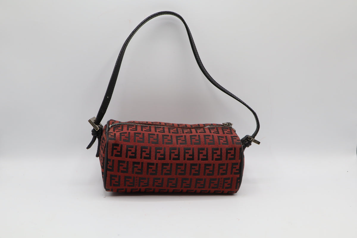 Fendi Red Black Zucca Canvas Barrel Shoulder Bag