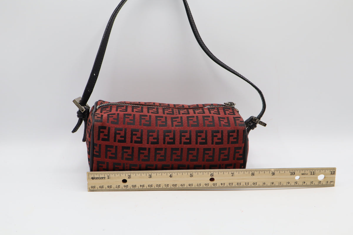 Fendi Red Black Zucca Canvas Barrel Shoulder Bag