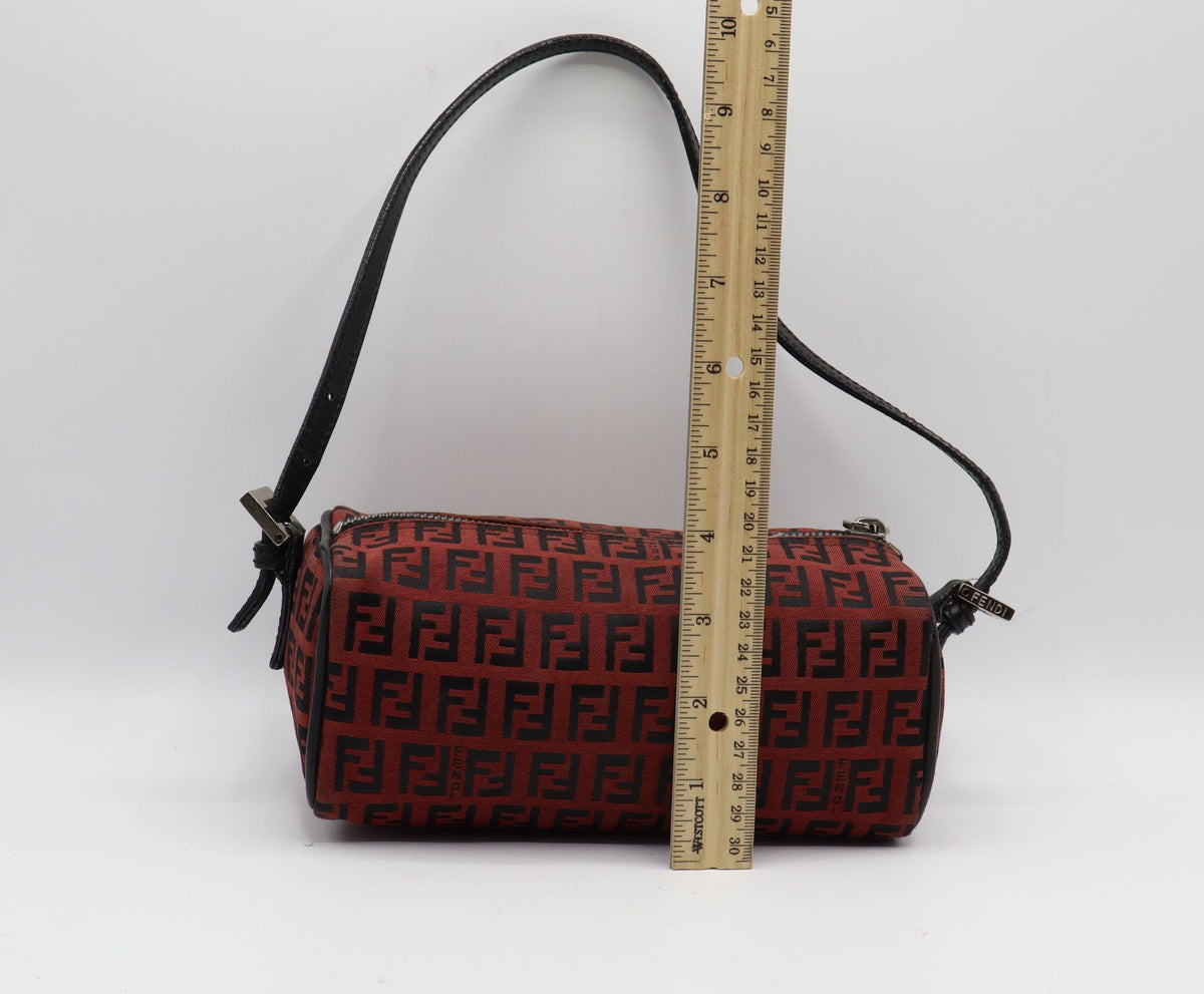 Fendi Red Black Zucca Canvas Barrel Shoulder Bag