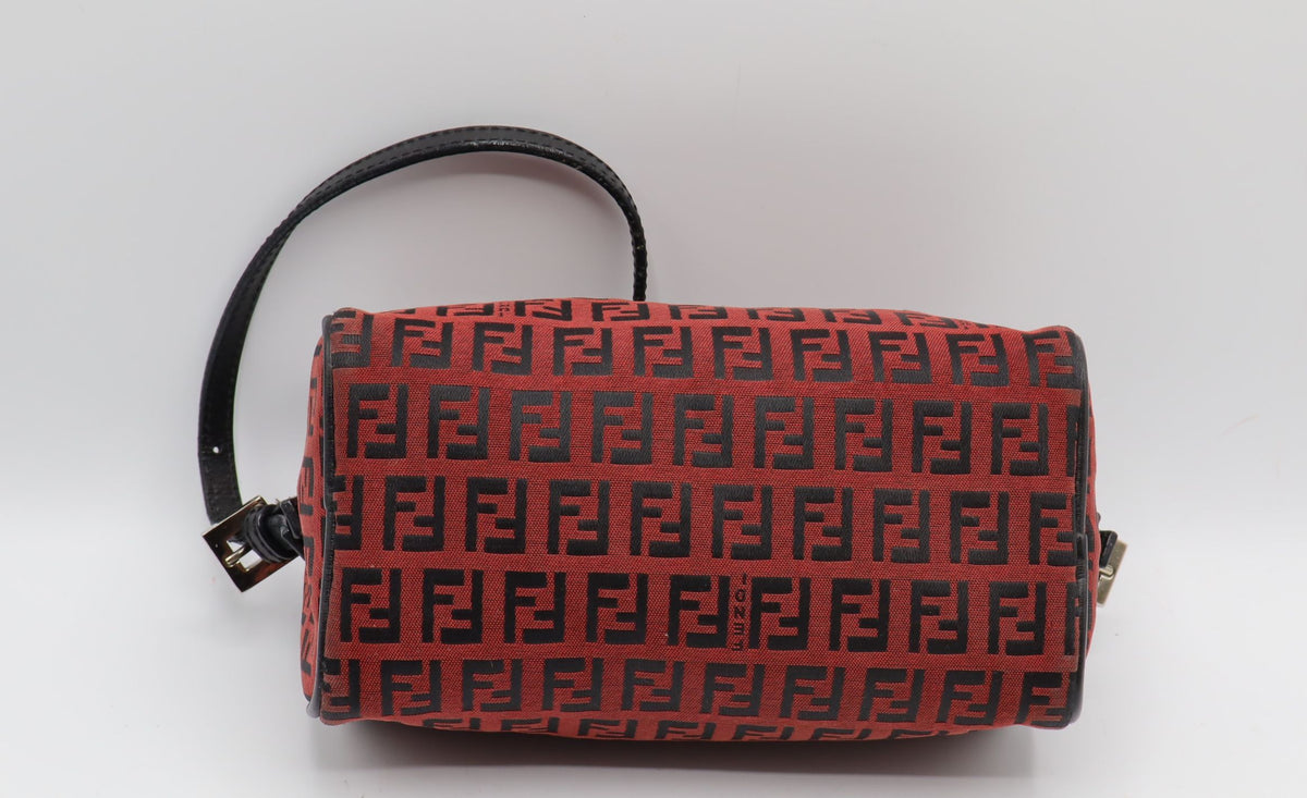 Fendi Red Black Zucca Canvas Barrel Shoulder Bag