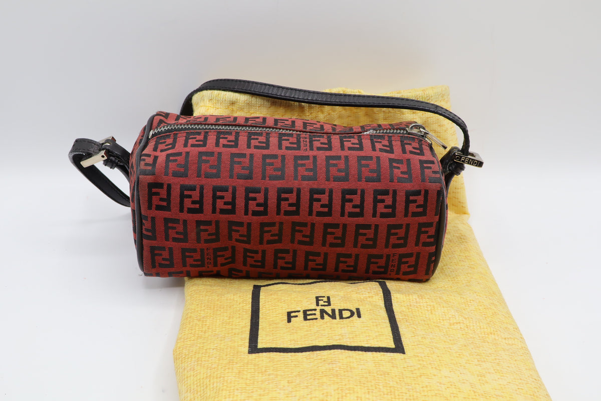 Fendi Red Black Zucca Canvas Barrel Shoulder Bag