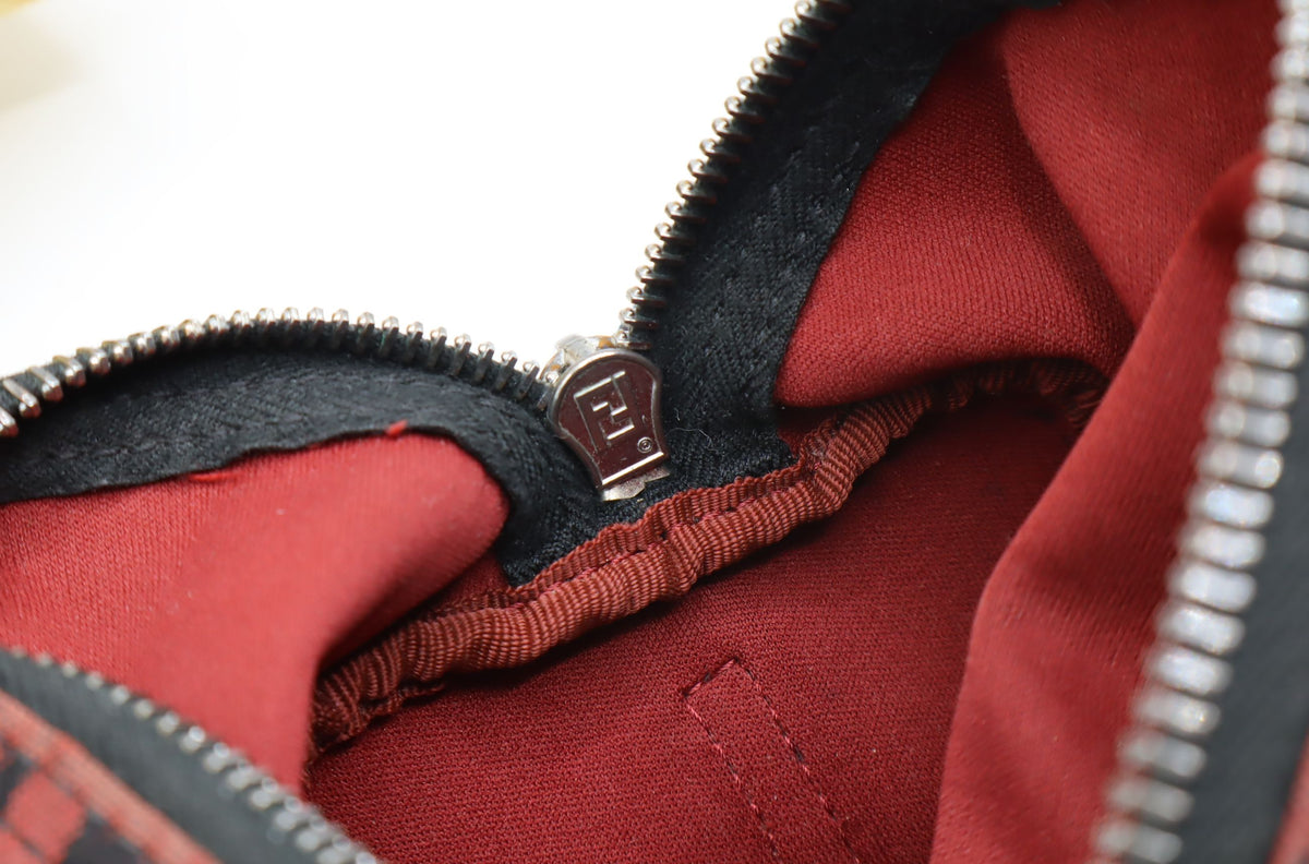 Fendi Red Black Zucca Canvas Barrel Shoulder Bag