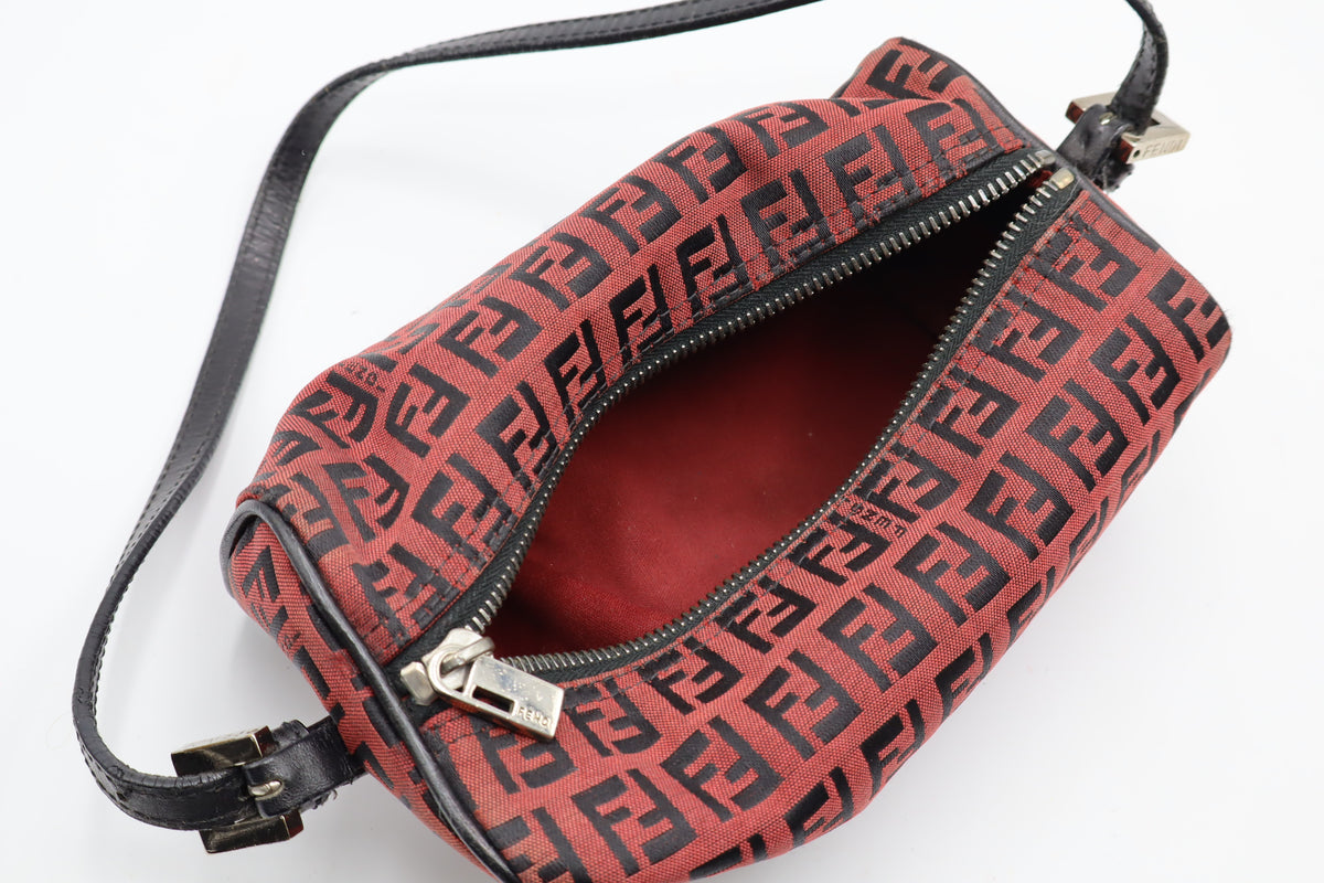 Fendi Red Black Zucca Canvas Barrel Shoulder Bag