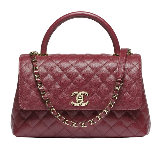 Chanel Burgundy Red Calfskin Gold Large Coco Top Handle Bag
