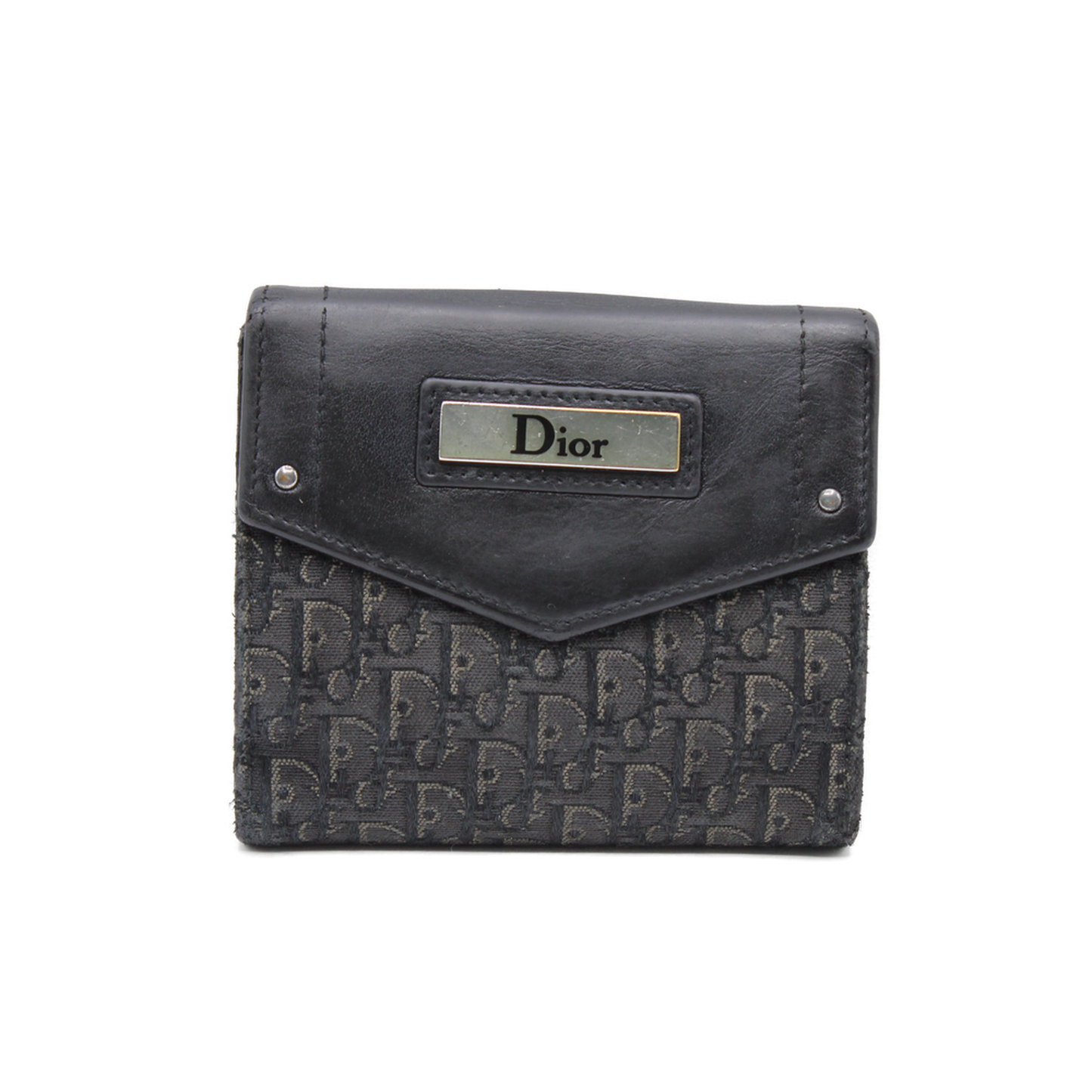 Christian Dior Black Leather Canvas Trotter Pattern Wallet front 