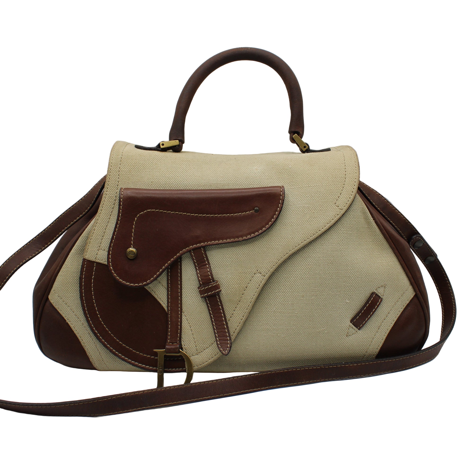Christian Dior Beige Brown Canvas Leather Double Saddle Bag Beige handbag with brown leather accents on a white background