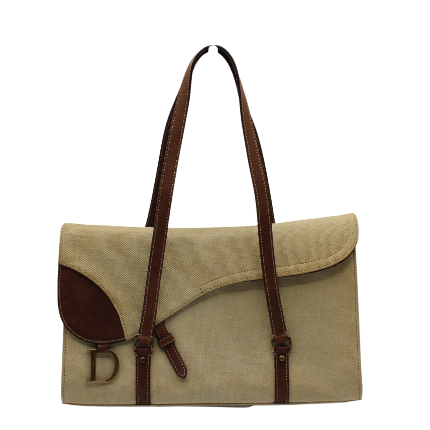 Christian Dior Beige Canvas Brown Leather Saddle Tote Bag