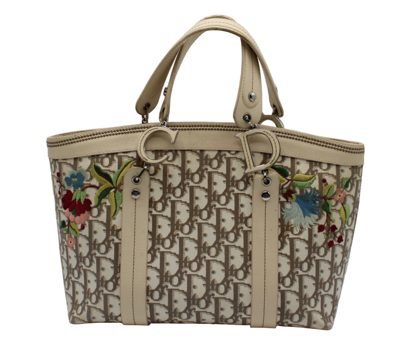Christian Dior Beige Canvas Embroidered Oblique Floral Tote Bag Designer handbag with floral patterns and brand logo on a light gray background