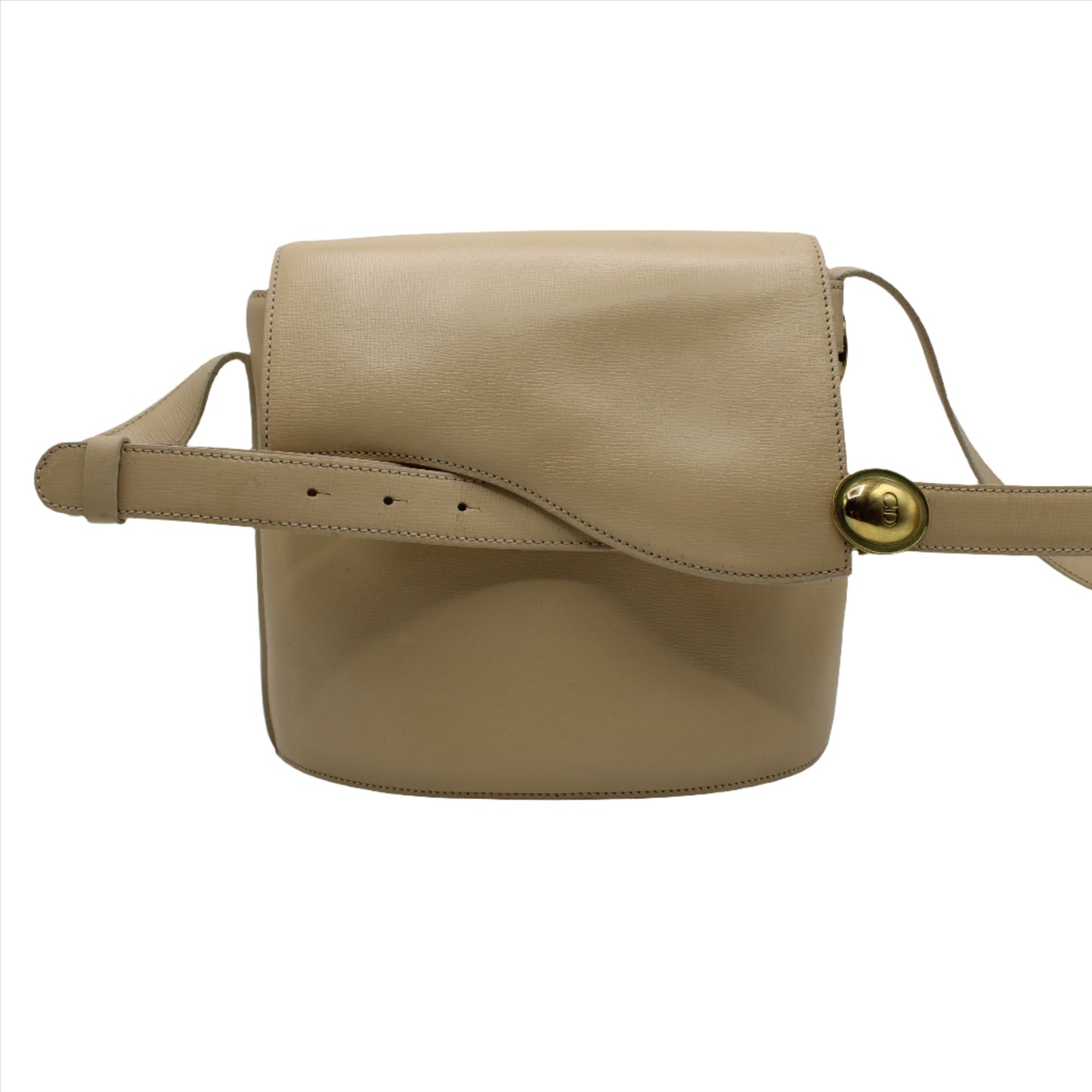 Christian Dior Beige Leather Oval Logo Flap Crossbody Bag