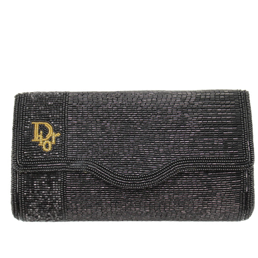 Christian Dior Black Beaded Flap Clutch Bag