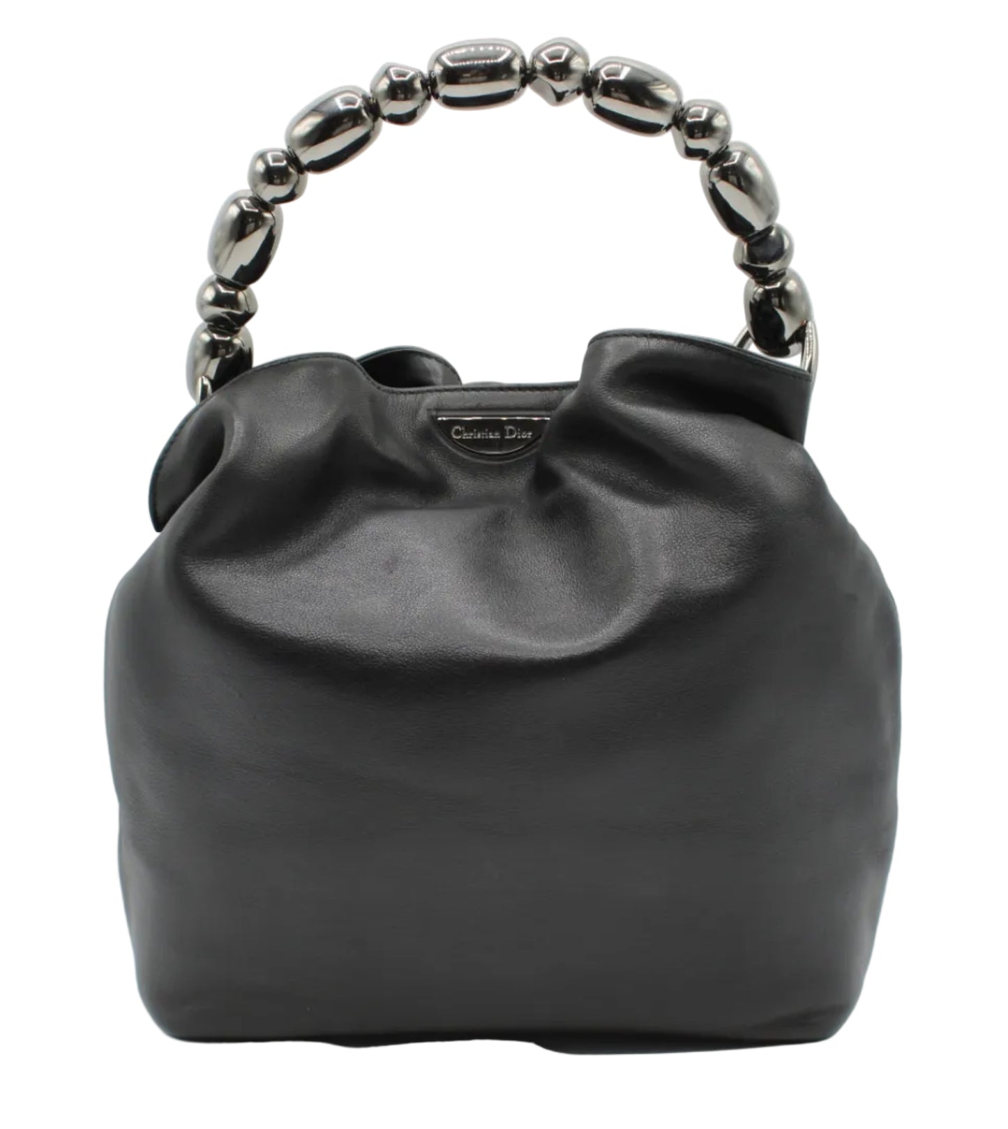 Black handbag with decorative handle on a white background Christian Dior Black Lambskin Malice Bucket Handbag
