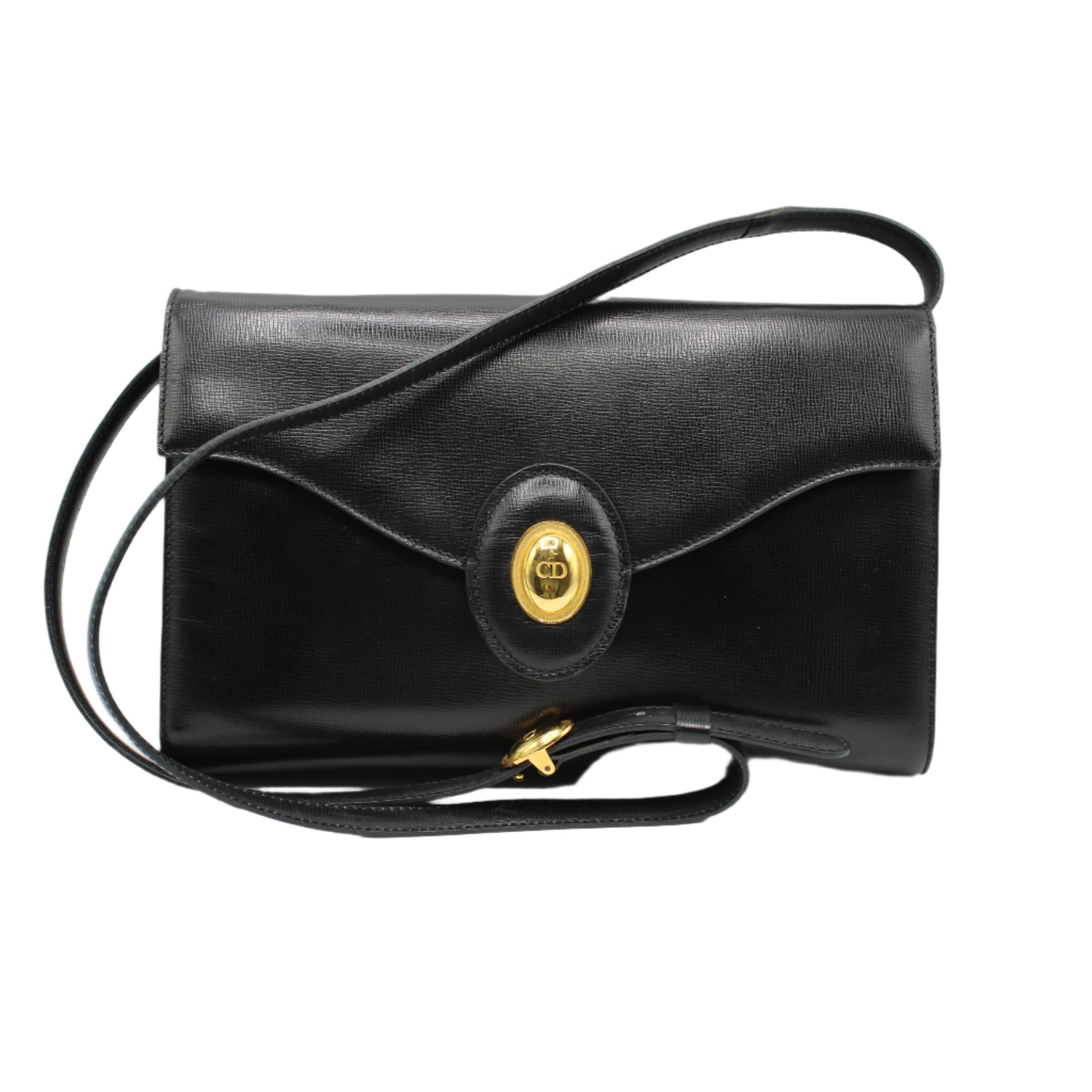 Christian Dior Black Leather Crossbody Bag Gold Logo
