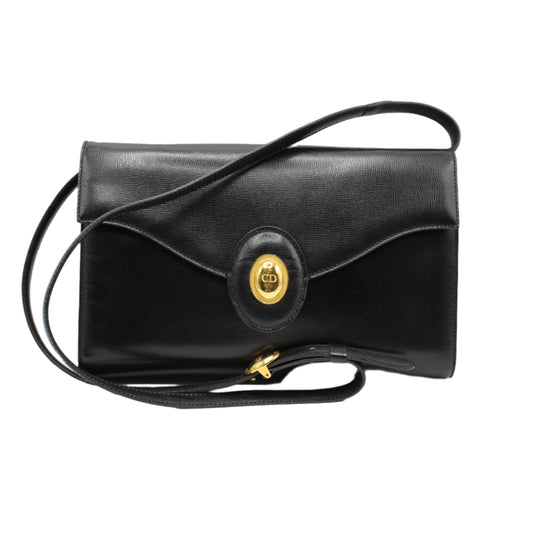Christian Dior Black Leather Crossbody Bag Gold Logo