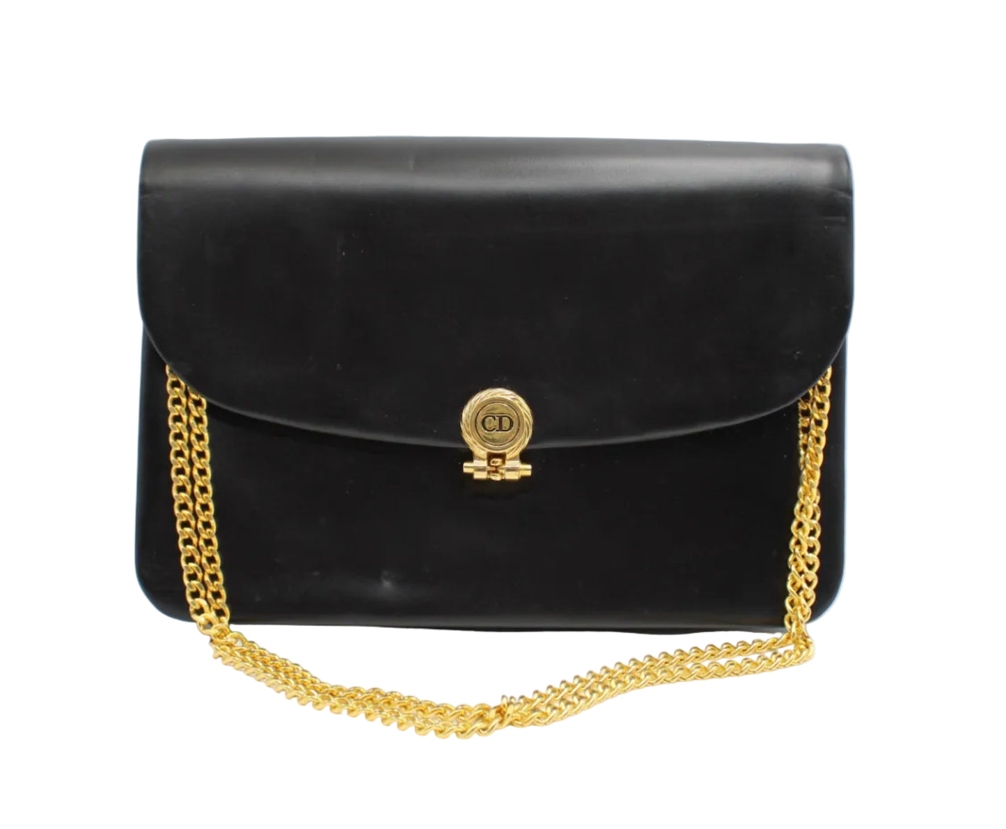 Christian Dior Black Leather Flap Chain Crossbody Shoulder Bag A black leather clutch bag with a gold-tone chain strap and a circular gold clasp featuring a 'CD' monogram, set against a plain white background.