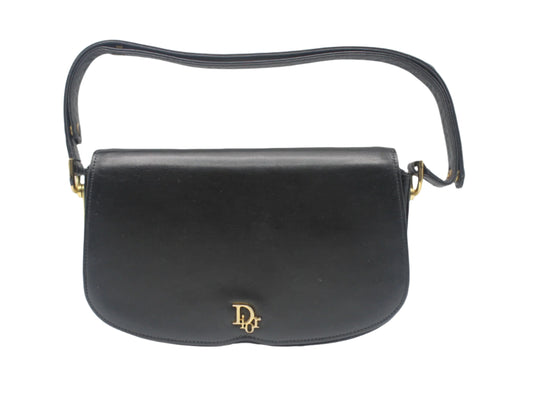 Christian Dior Black Leather Flap Shoulder Bag Gold Logo
