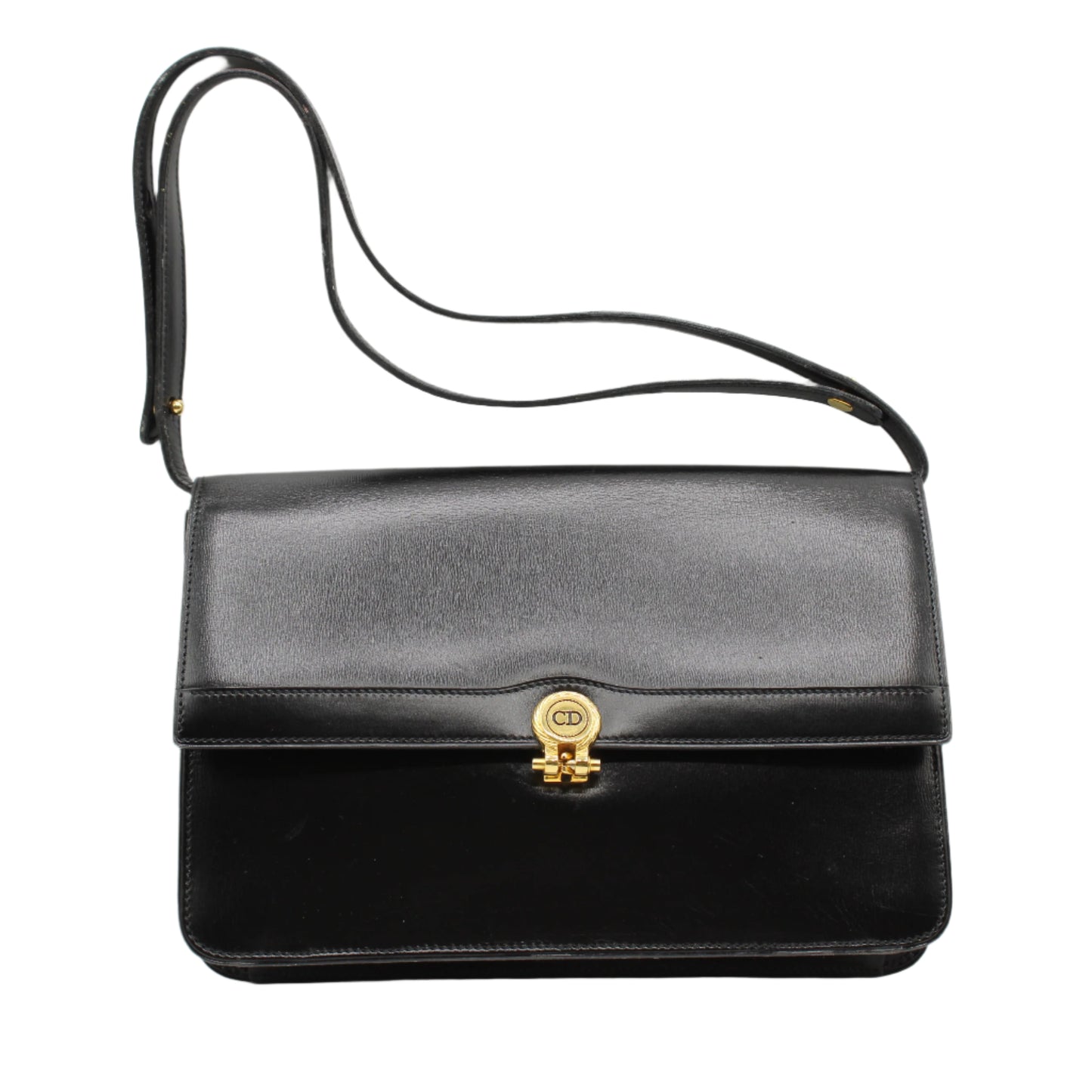 Christian Dior Black Leather Flap Shoulder Bag Gold Logo