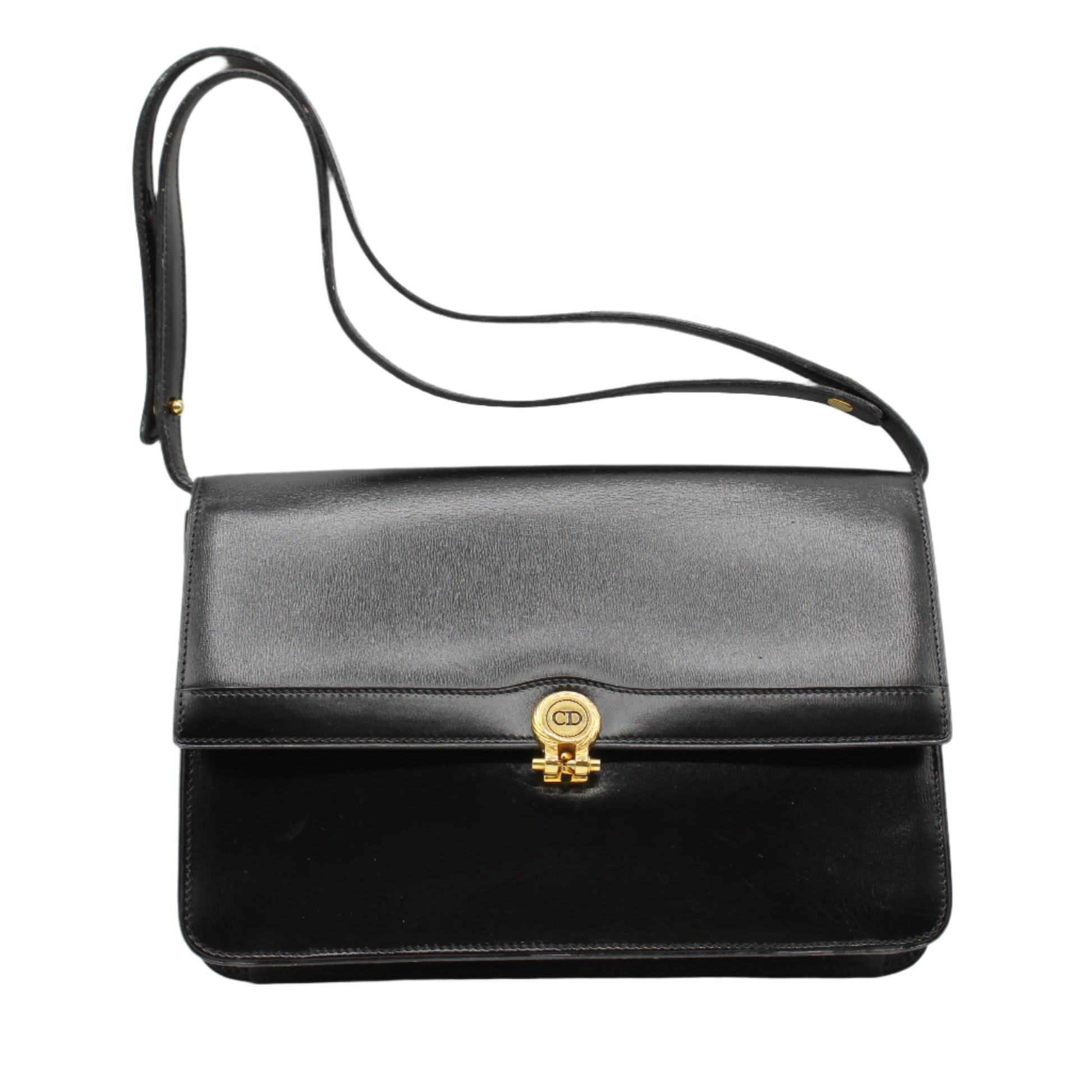 Christian Dior Black Leather Flap Shoulder Bag Gold Logo