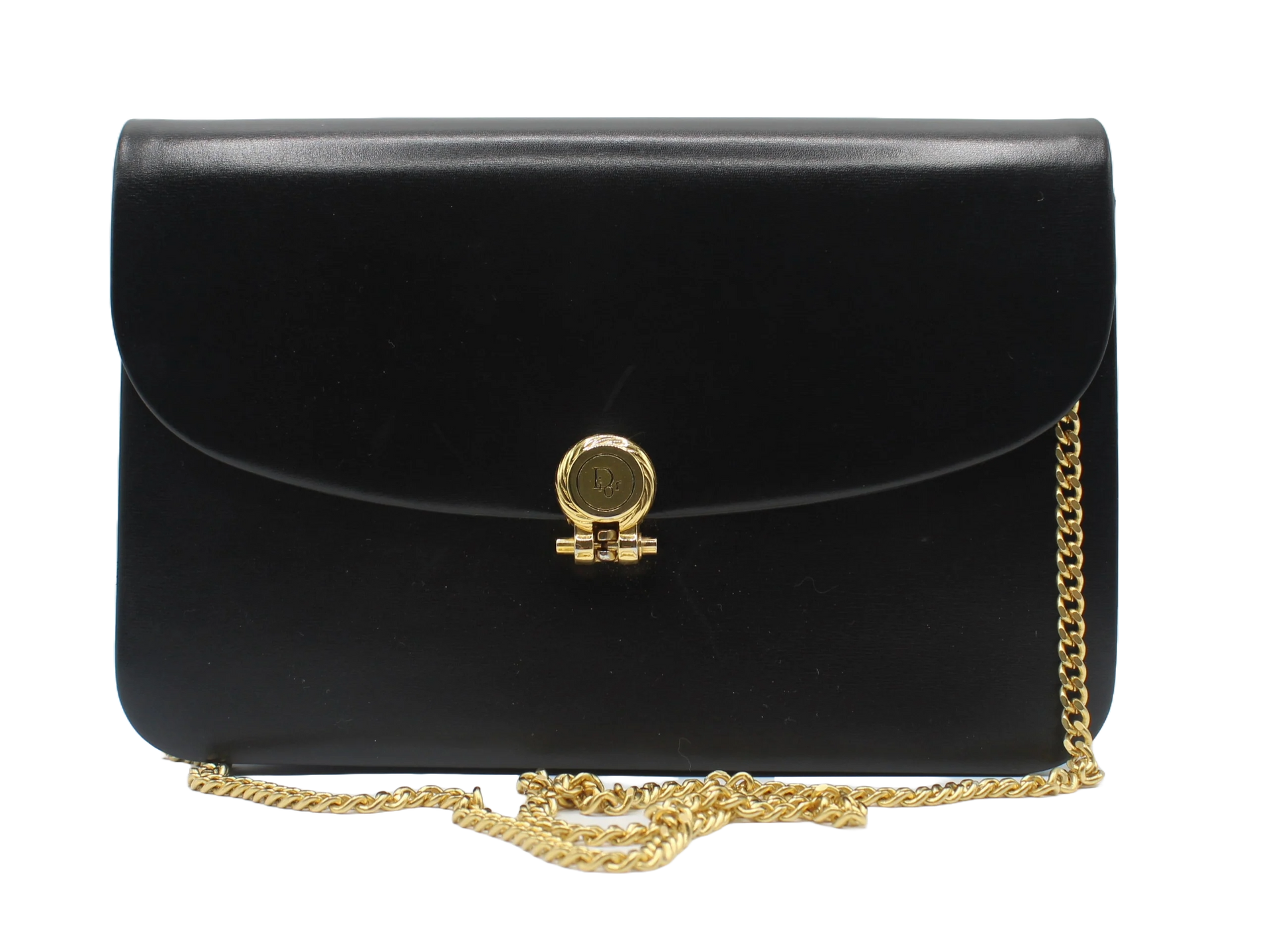 Black handbag with a gold chain and clasp on a white background Christian Dior Black Leather Gold Chain Flap Shoulder Bag