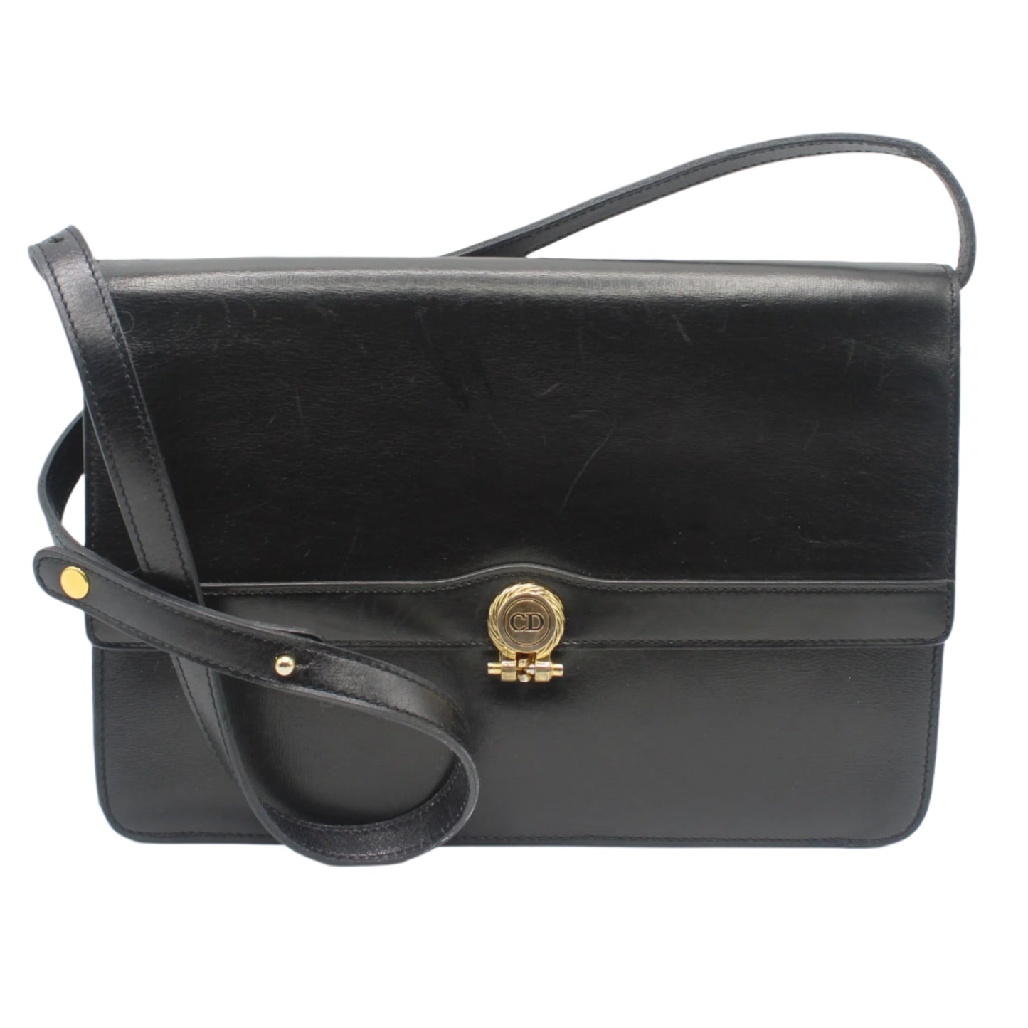 Christian Dior Black Leather Gold Logo Flap Shoulder Bag Black leather handbag with a gold clasp on a white background