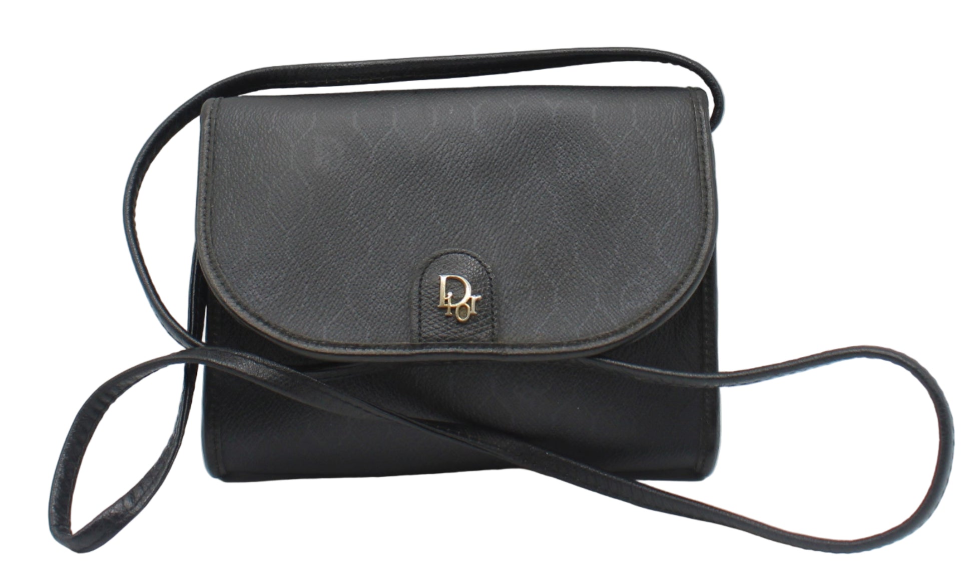 Christian Dior Black Leather Honeycomb Logo Flap Crossbody Bag Black handbag with a strap on a light gray background